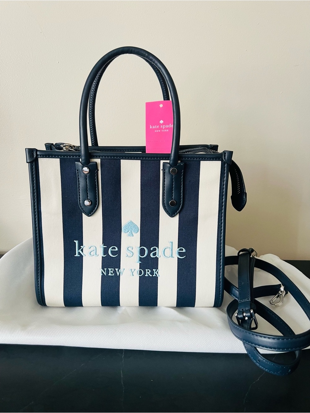 kate spade Navy & White Striped Canvas Tote with Leather Trim